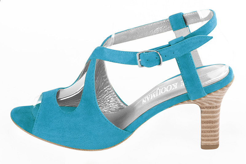 Turquoise blue women's open back sandals, with crossed straps. Round toe. High kitten heels. Profile view - Florence KOOIJMAN